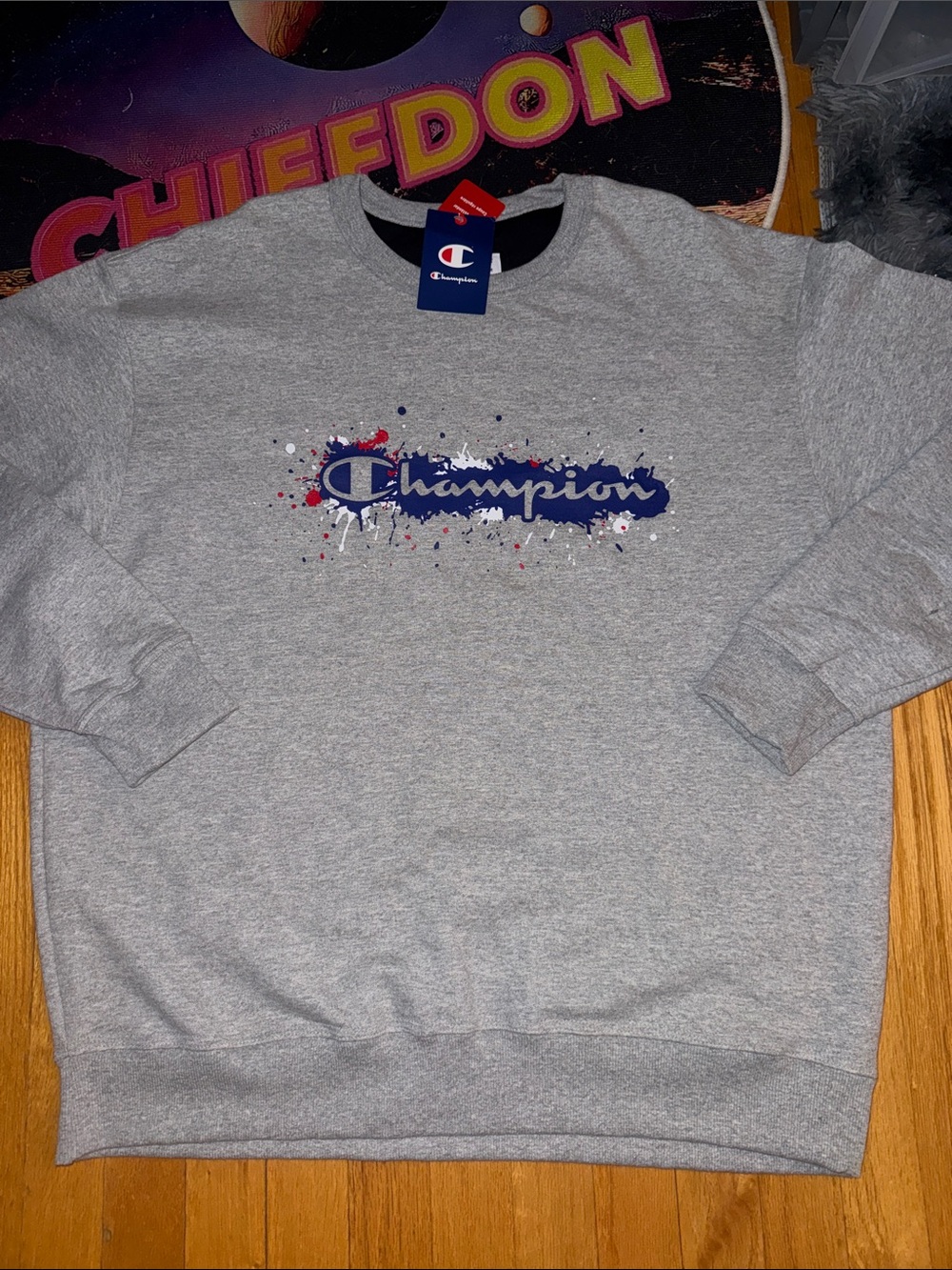 (NWT) • Champion Gray Crewneck Sweatshirt with Blue and Red Logo Splash